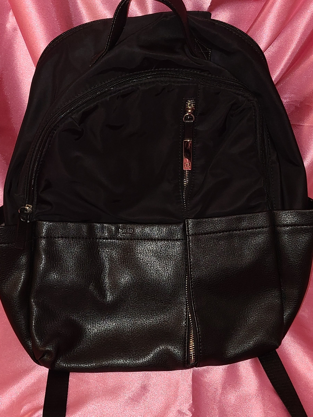 Men's Black Faux Leather & Nylon Backpack - Unbranded